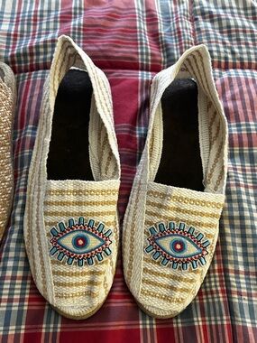Handmade white tan slip on evil eye shoes